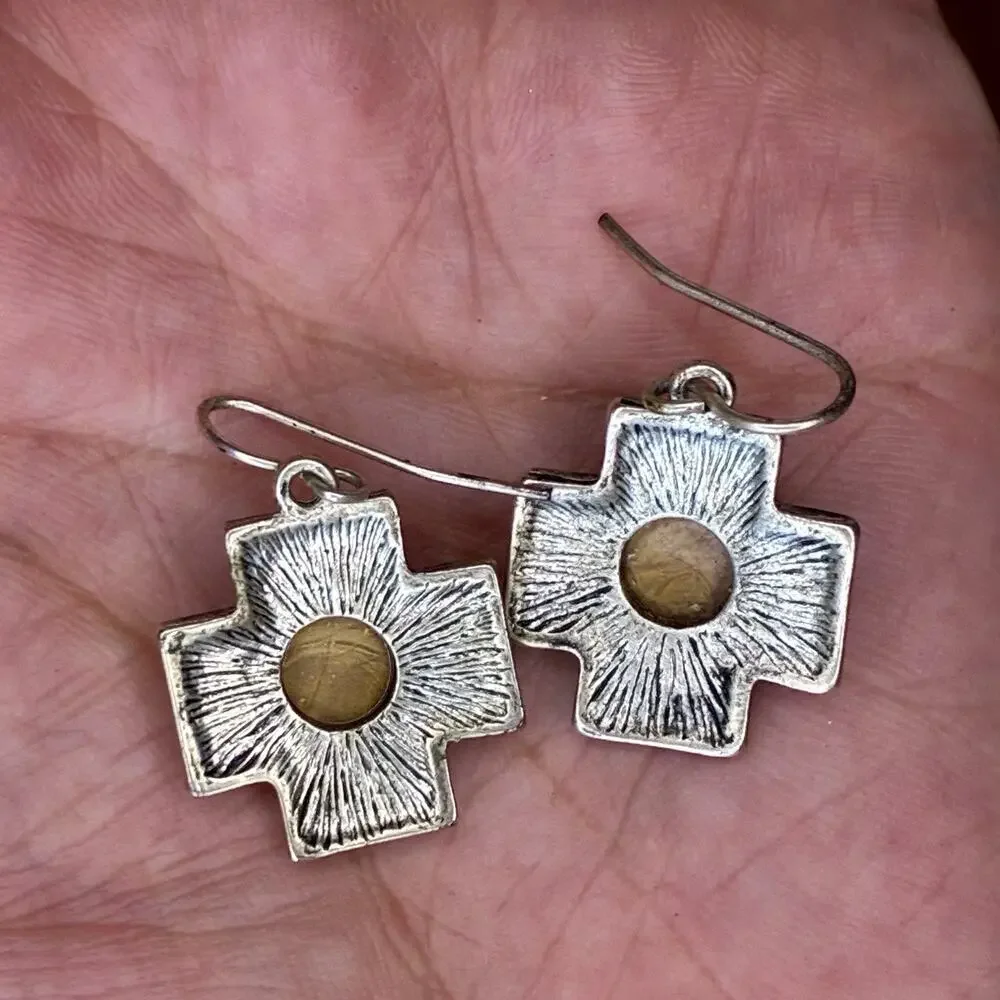 Silvertone Cross Pendant And Matching Earrings With Stone Center ￼